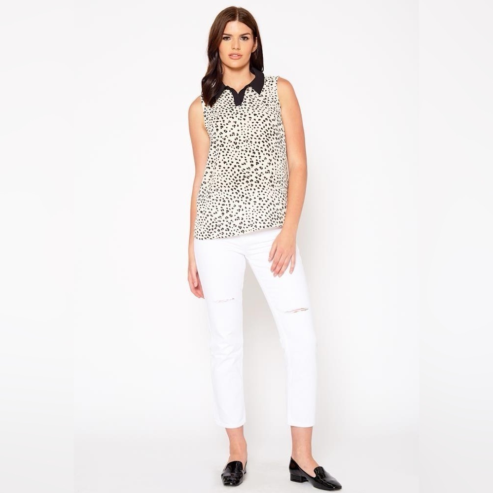 PLEIONE  Leopard Print Collared Sleeveless Blouse  Sz L Like New office modest